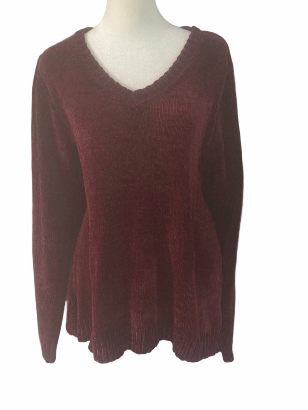 Karen Scott Burgundy Chenille V-Neck Sweater XL EUC Merlot Plush Cozy Knit